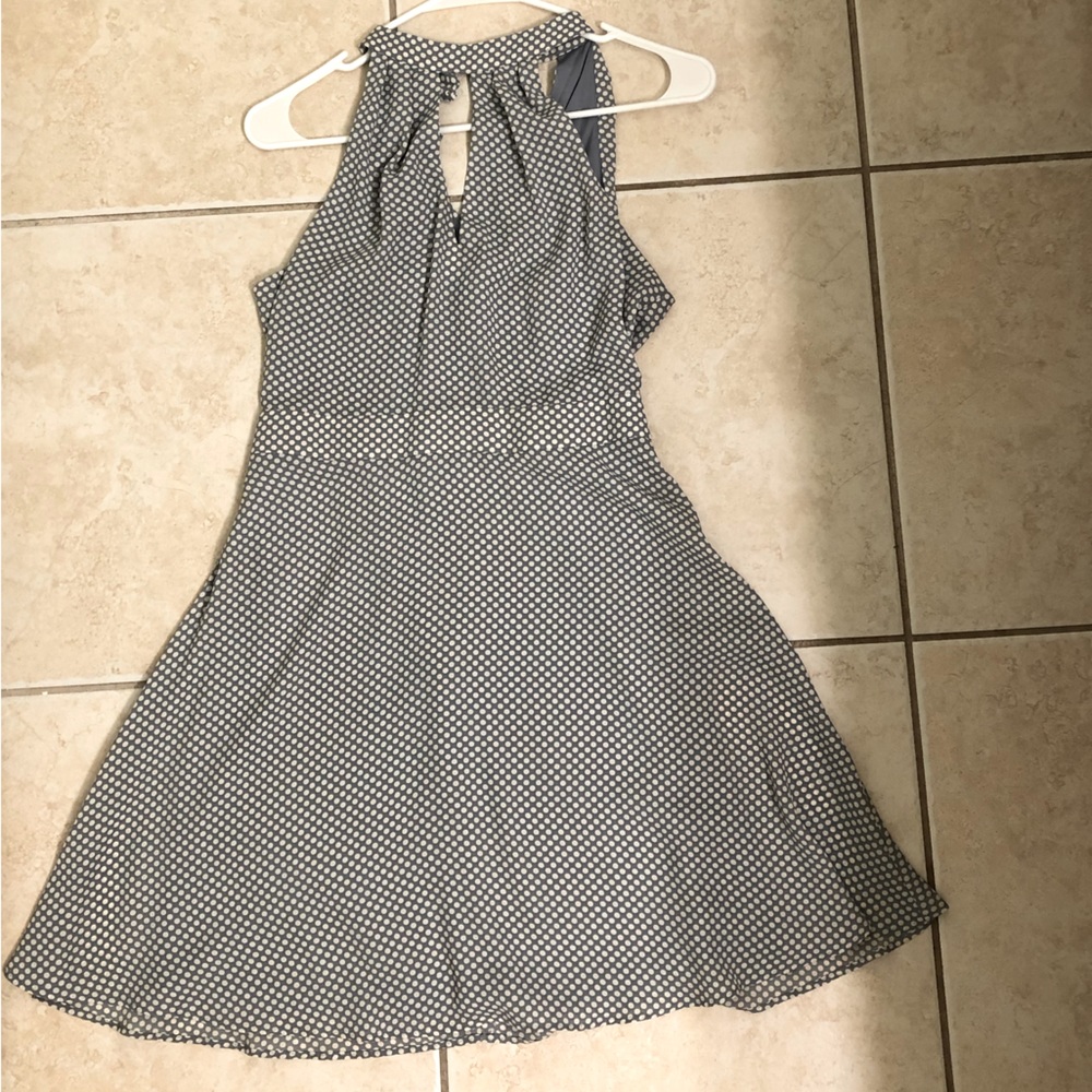 Express Fit and Flare Gray with white polka dots halter style